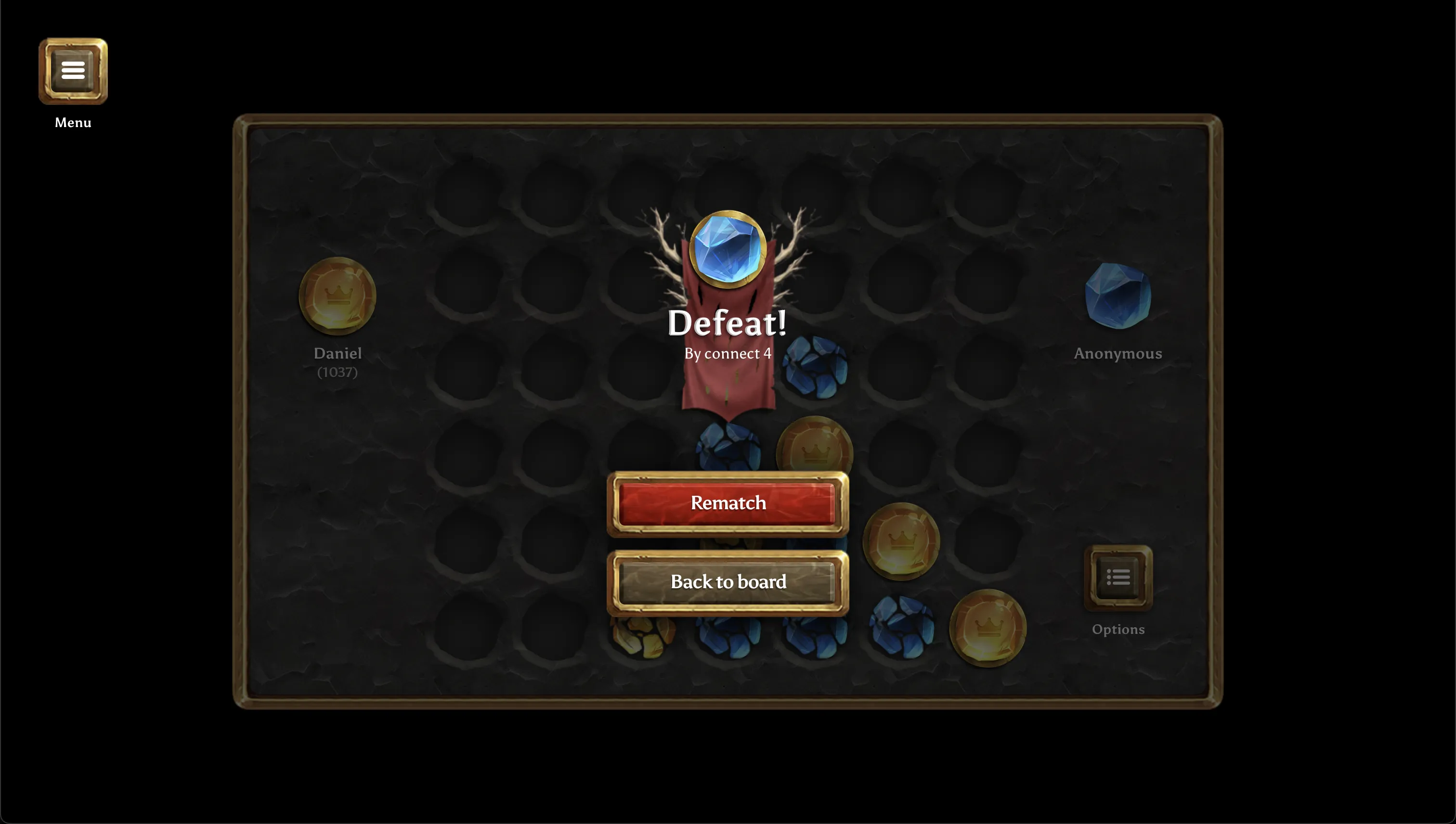 Defeat screen with rematch and back to board options