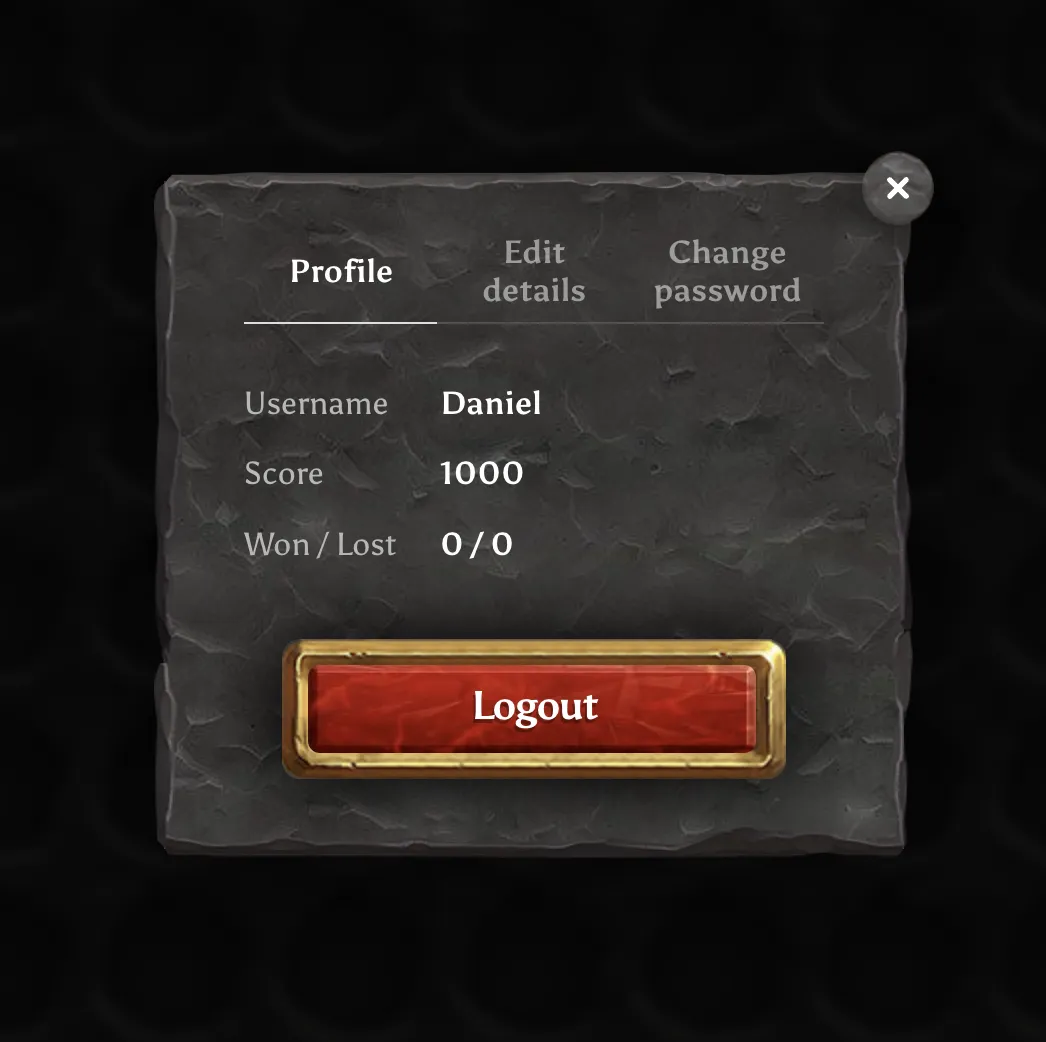 Player profile showing username, score, and win/loss record