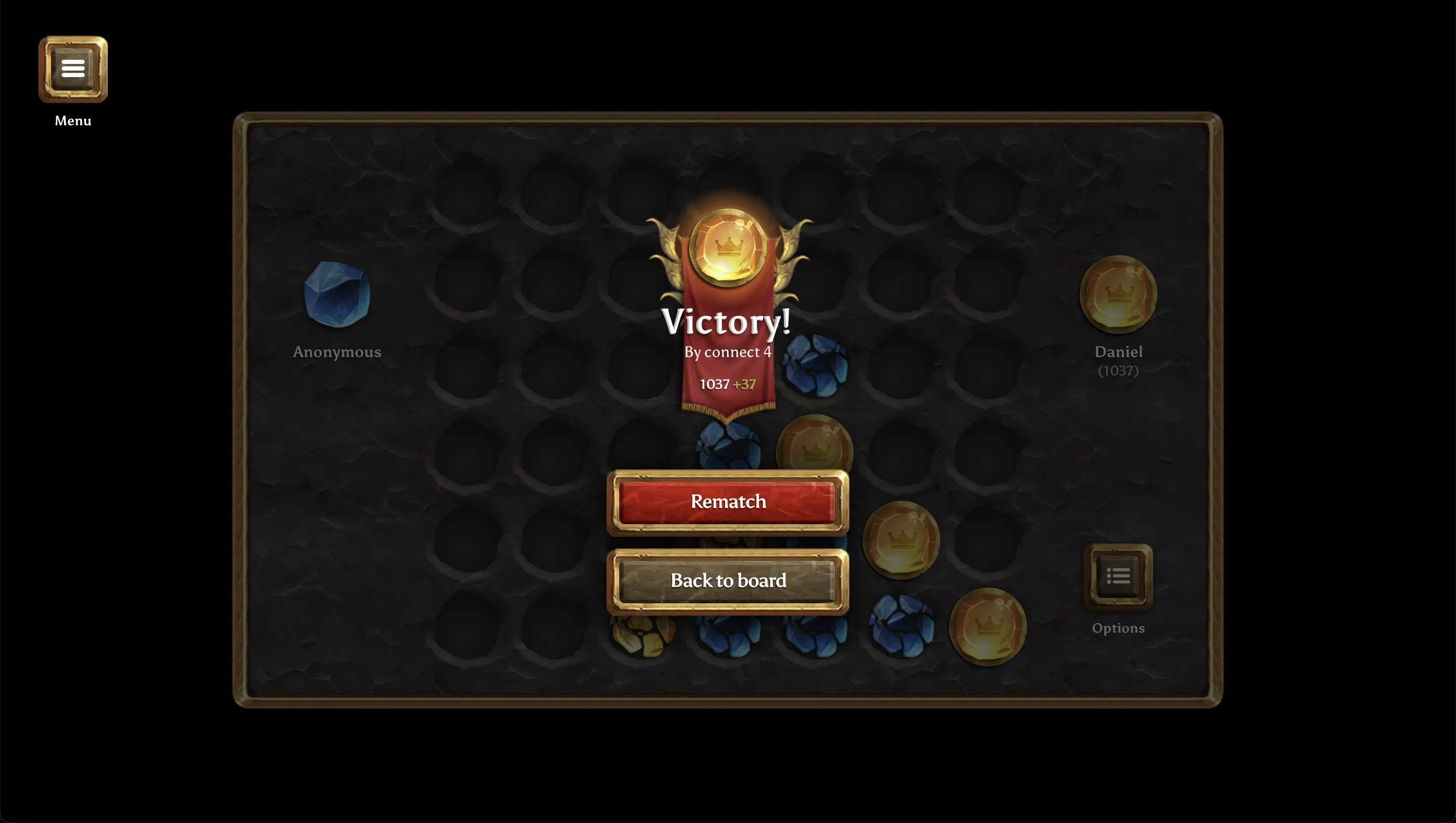 Victory screen with score change and rematch option